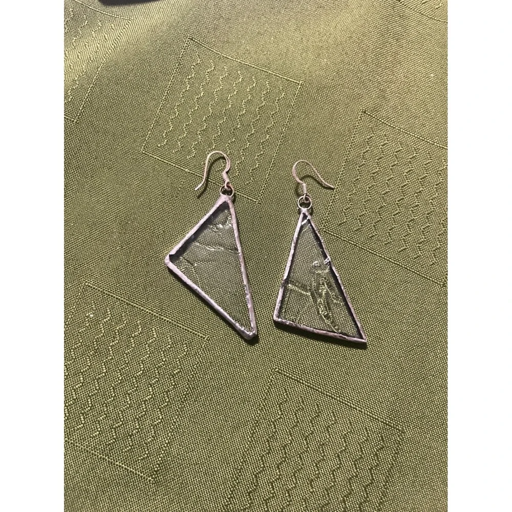 Handmade Stained Glass Triangle Dangle Earrings Silver Tone Textured Clear